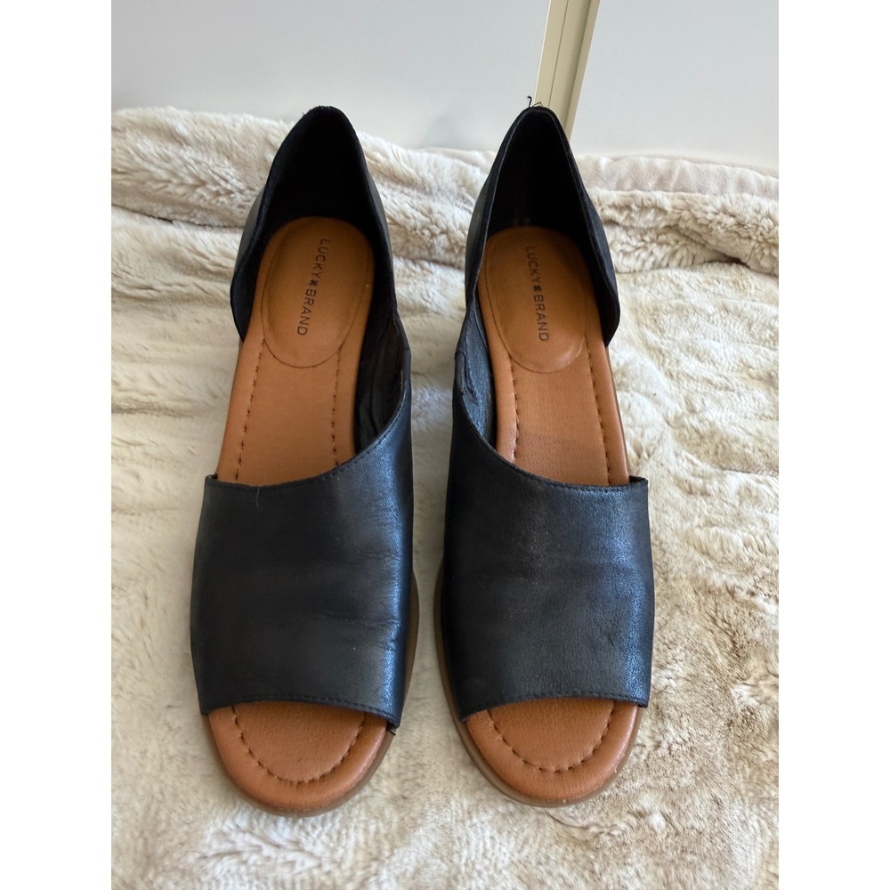 Lucky Brand Womens Black Leather Peep Toe Block Heel dOrsay Sandals Size‎ 10M